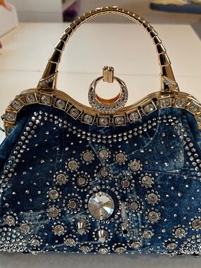 Denim-rhinestones shoulder bag